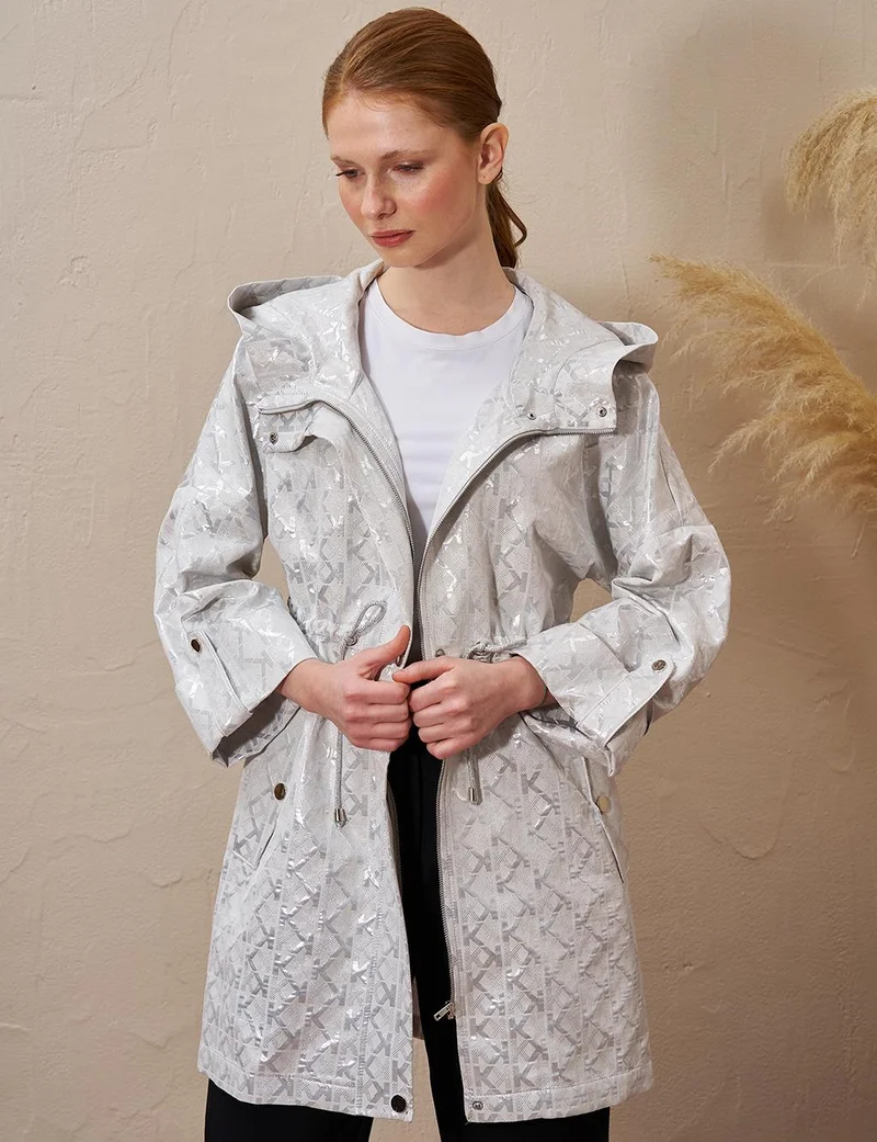 Kayra Drawstring Waist Monogram Pattern Trench Coat Gray