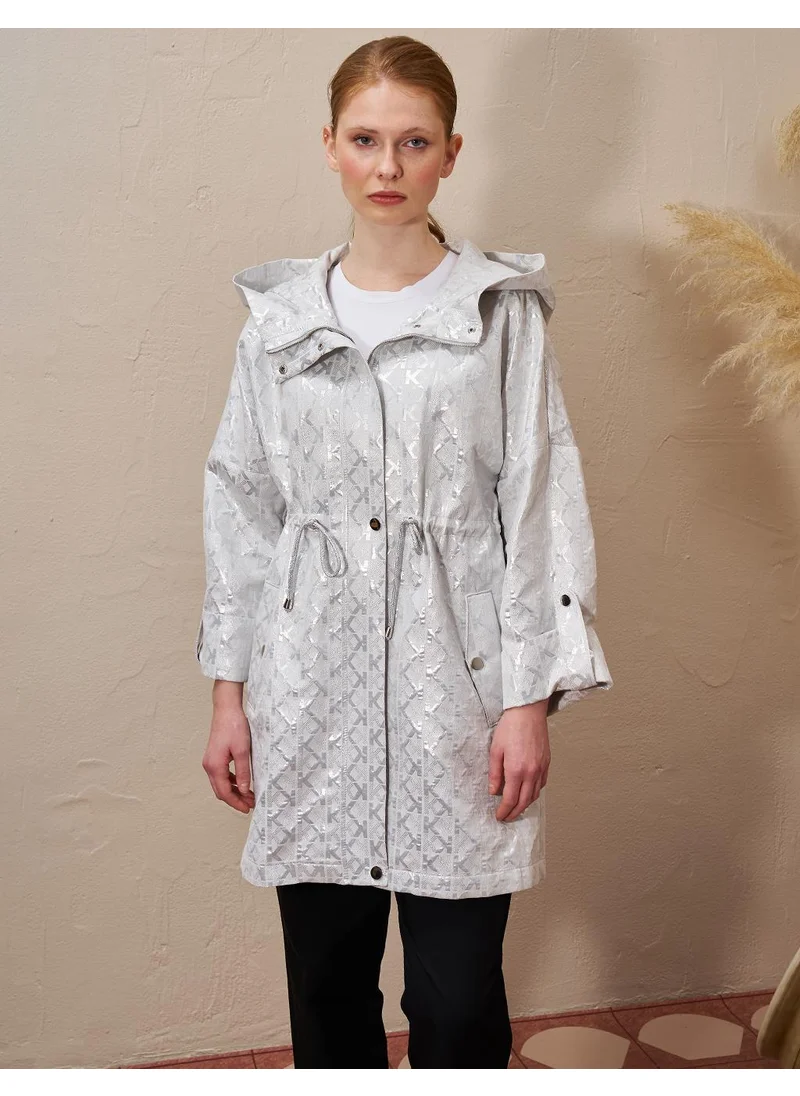 Kayra Drawstring Waist Monogram Pattern Trench Coat Gray