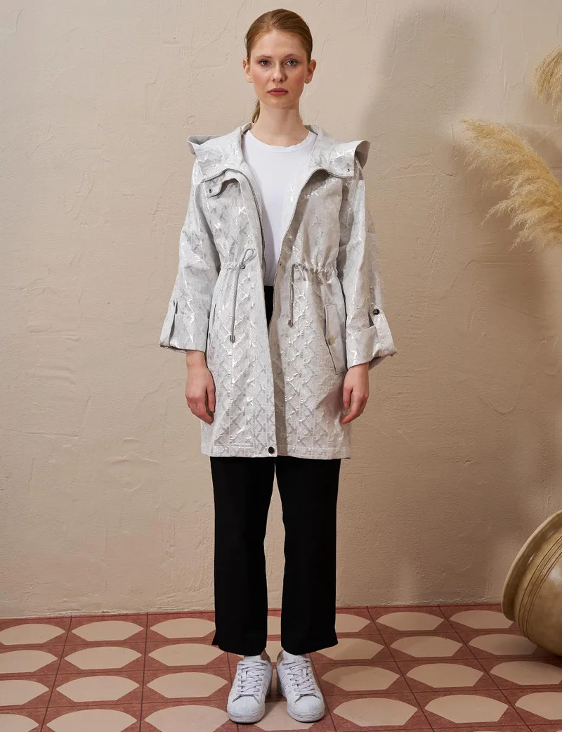 Kayra Drawstring Waist Monogram Pattern Trench Coat Gray