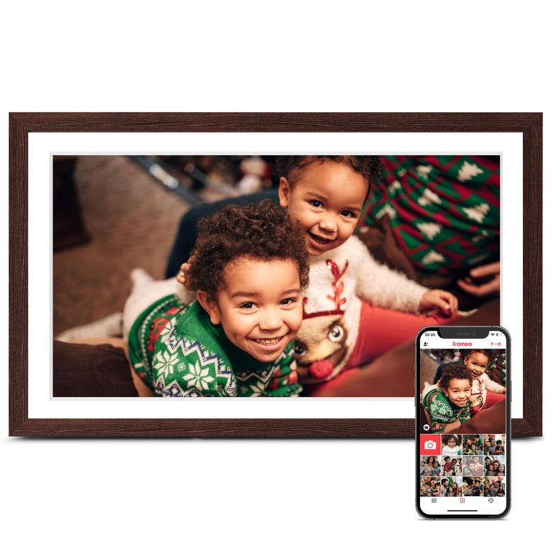 Pastigio إطار صور رقمي Frameo، إطار صور رقمي كبير 15.6 بوصة، إطار كهربائي واي فاي، 1920 * 1080 شاشة لمس IPS FHD، 32 جيجابايت، مثبت على الطاولة والجدار، مشاركة الفيديو والصور، هدايا للأم، جوز أسود - Image 1