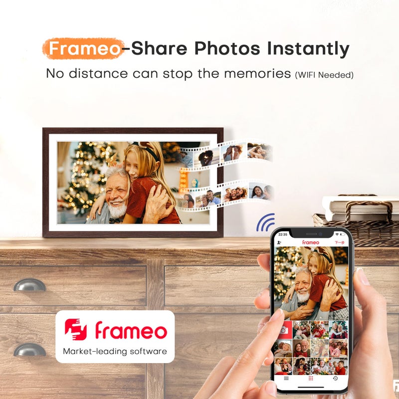 Pastigio إطار صور رقمي Frameo، إطار صور رقمي كبير 15.6 بوصة، إطار كهربائي واي فاي، 1920 * 1080 شاشة لمس IPS FHD، 32 جيجابايت، مثبت على الطاولة والجدار، مشاركة الفيديو والصور، هدايا للأم، جوز أسود - Image 3
