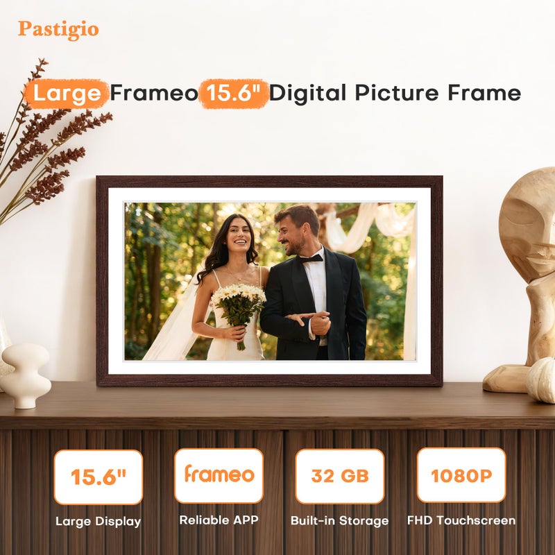 Pastigio إطار صور رقمي Frameo، إطار صور رقمي كبير 15.6 بوصة، إطار كهربائي واي فاي، 1920 * 1080 شاشة لمس IPS FHD، 32 جيجابايت، مثبت على الطاولة والجدار، مشاركة الفيديو والصور، هدايا للأم، جوز أسود - Image 2