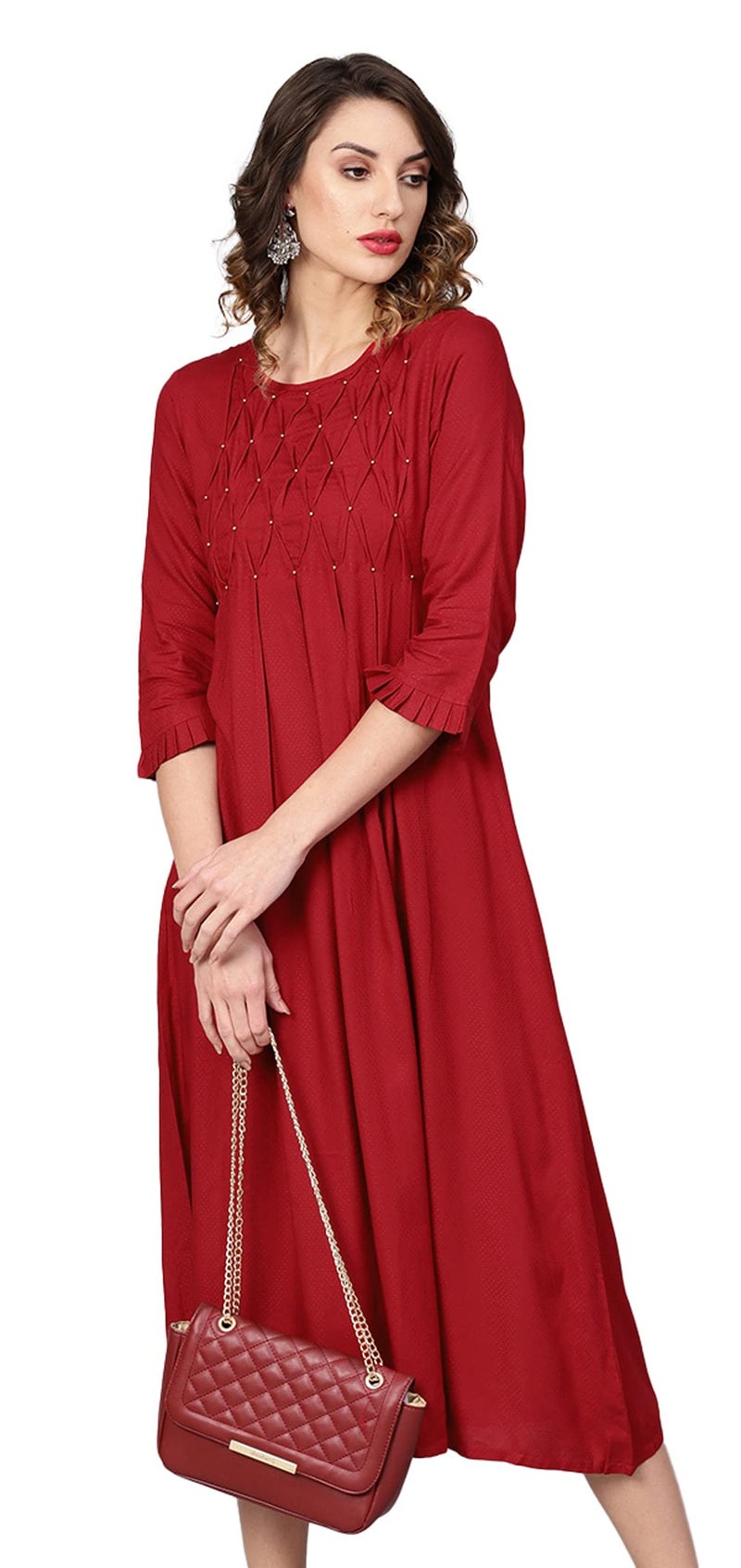 Yash Gallery Women's Dotted Rayon Dobby Solid A-Line Dress (Maroon) (XL, Maroon) - Image 3