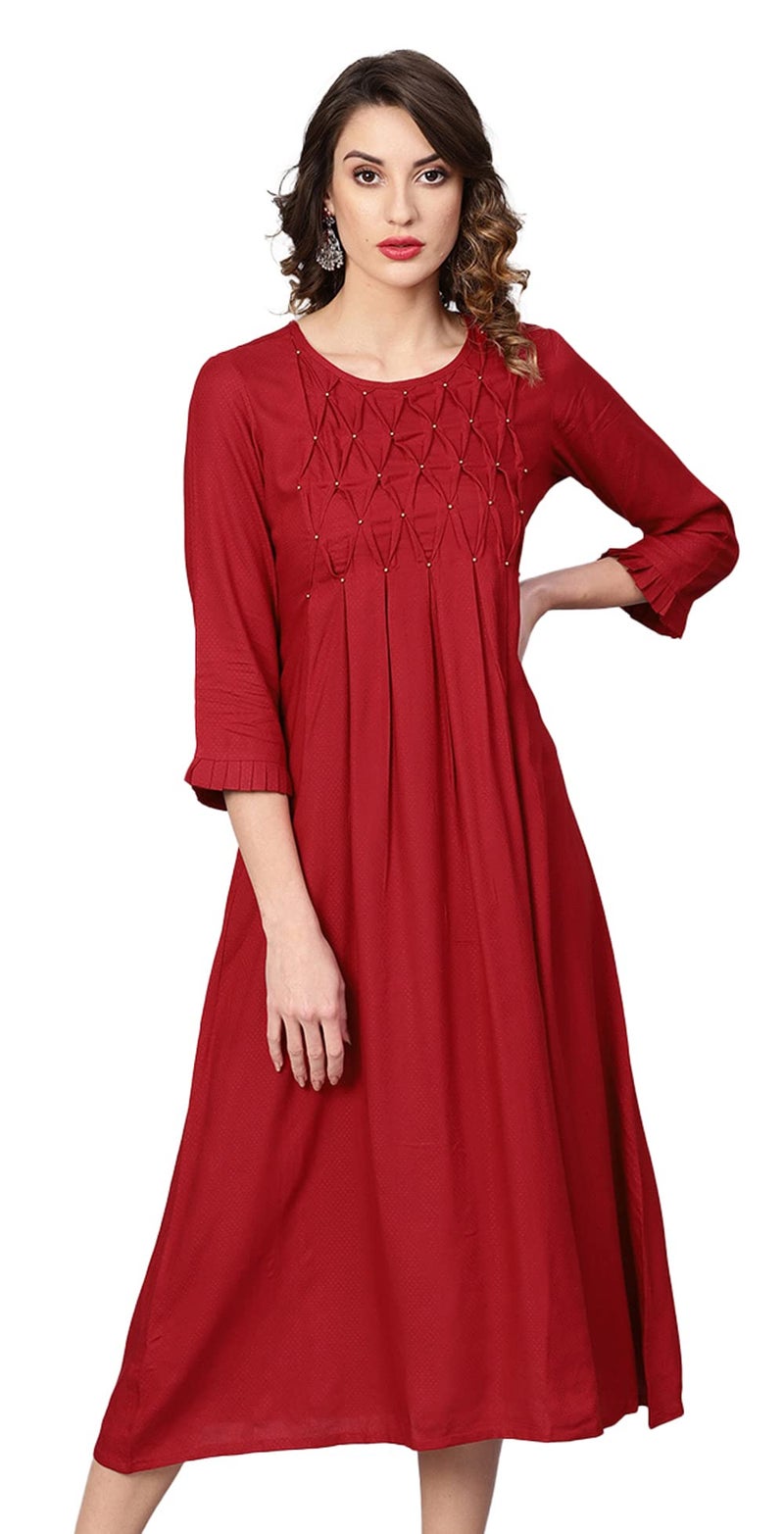 Yash Gallery Women's Dotted Rayon Dobby Solid A-Line Dress (Maroon) (XL, Maroon) - Image 1