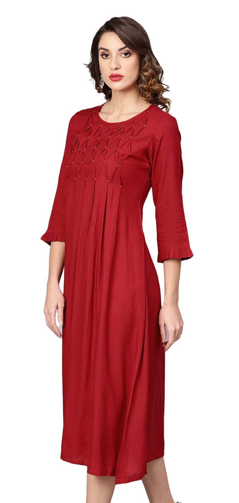 Yash Gallery Women's Dotted Rayon Dobby Solid A-Line Dress (Maroon) (XL, Maroon) - Image 2