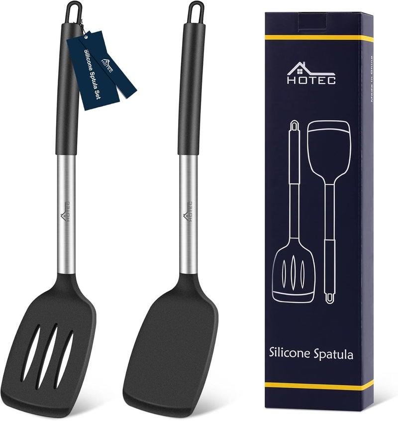 hotec Silicone Spatula Set of 2 Heat-Resistant 600°F & BPA-Free Kitchen SaptulaTurner with Stainless Steel Handles, Slotted & Solid Spatulas for Nonstick Cookware, 13.7 Inch, Black - Image 1