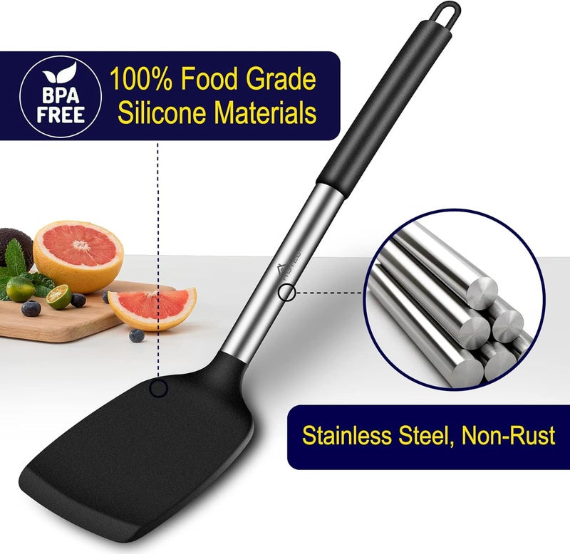hotec Silicone Spatula Set of 2 Heat-Resistant 600°F & BPA-Free Kitchen SaptulaTurner with Stainless Steel Handles, Slotted & Solid Spatulas for Nonstick Cookware, 13.7 Inch, Black - Image 3