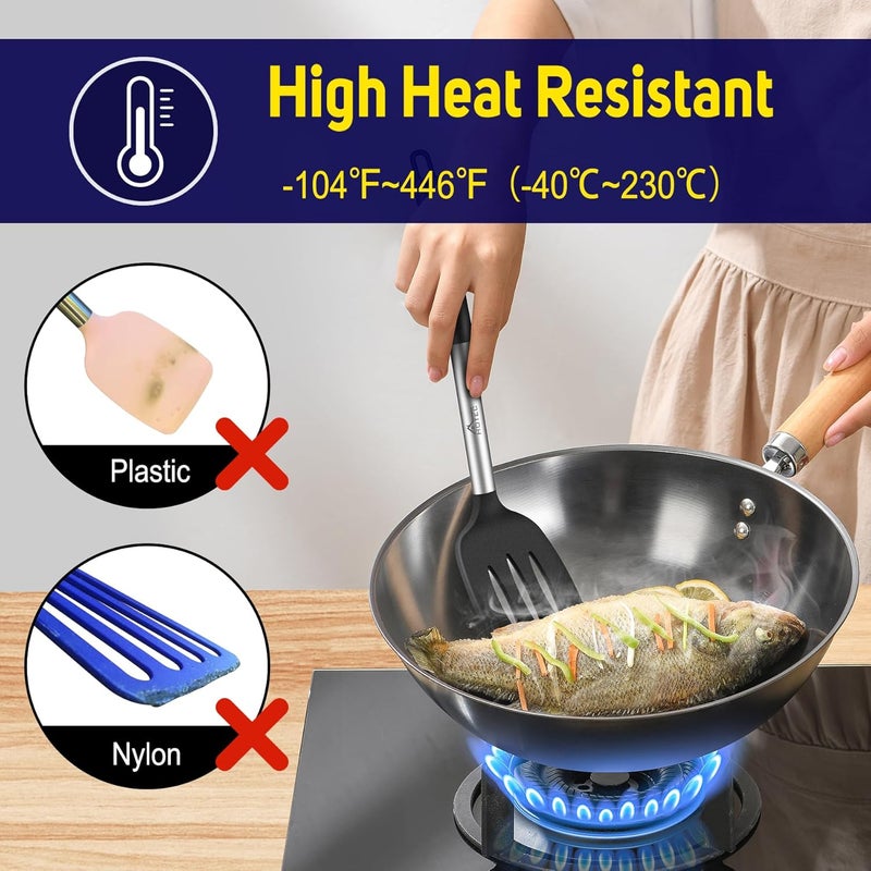 hotec Silicone Spatula Set of 2 Heat-Resistant 600°F & BPA-Free Kitchen SaptulaTurner with Stainless Steel Handles, Slotted & Solid Spatulas for Nonstick Cookware, 13.7 Inch, Black - Image 5