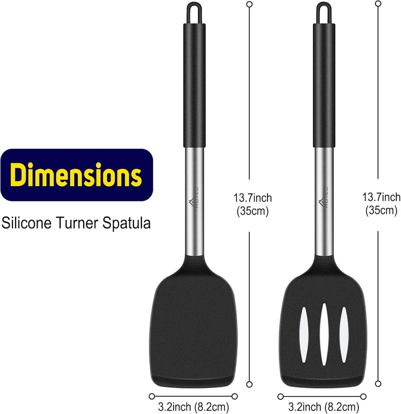 hotec Silicone Spatula Set of 2 Heat-Resistant 600°F & BPA-Free Kitchen SaptulaTurner with Stainless Steel Handles, Slotted & Solid Spatulas for Nonstick Cookware, 13.7 Inch, Black - Image 2