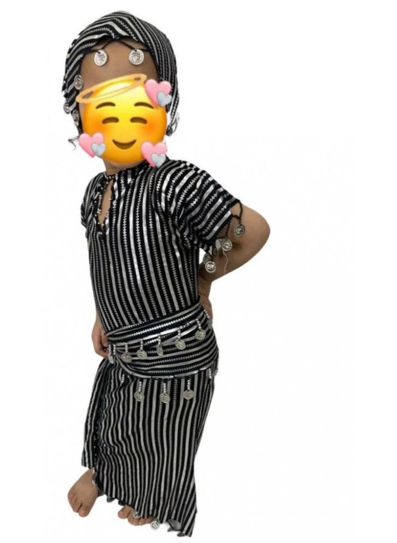 Kids Striped Jalabiya Black with Gold/Silver (4–6 Years) – Traditional Party Outfit - Image 1