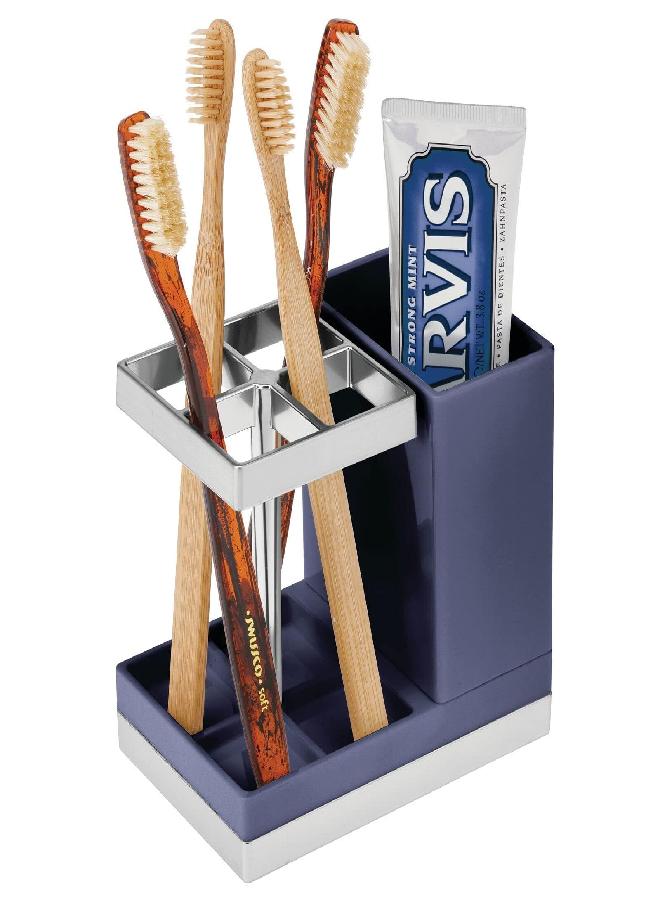 mDesign Plastic Toothbrush and Toothpaste Storage Organizer Holder - Home Decor for Bathroom Countertop - Holds Toiletries and Beauty Accessories - Lumiere Collection - Navy Blue/Chrome - Image 2