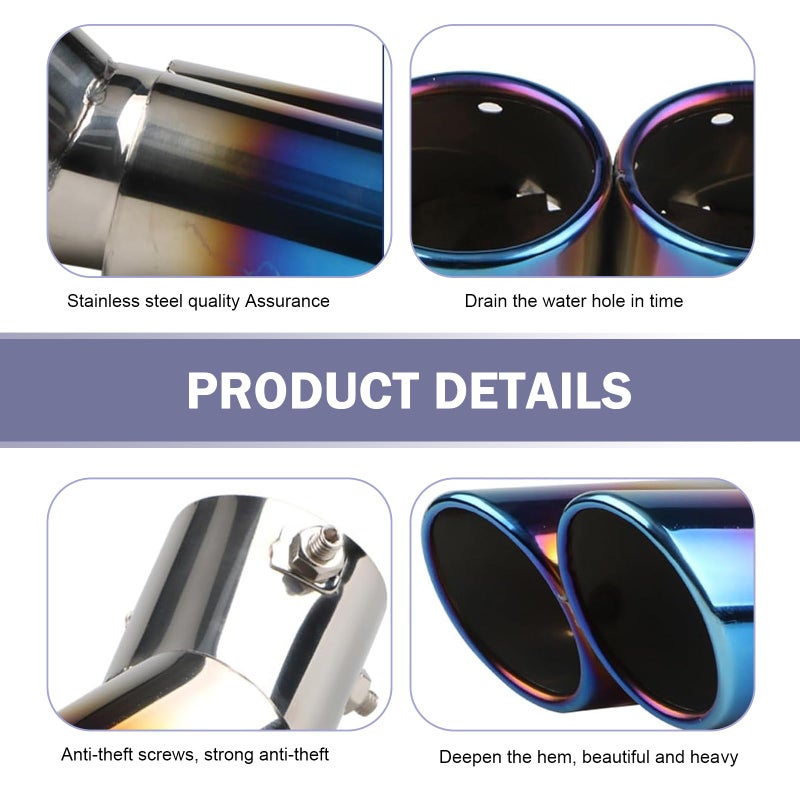 Arwrilt Dual Exhaust Tip, Stainless Steel Bending Muffler Exhaust with Bolt, 2.5" Inlet Dual Tail Pipe Muffler Tip, Exhaust Pipe Modification Accessories, Universal Muffler Tail for Cars (Baked Blue) - Image 3