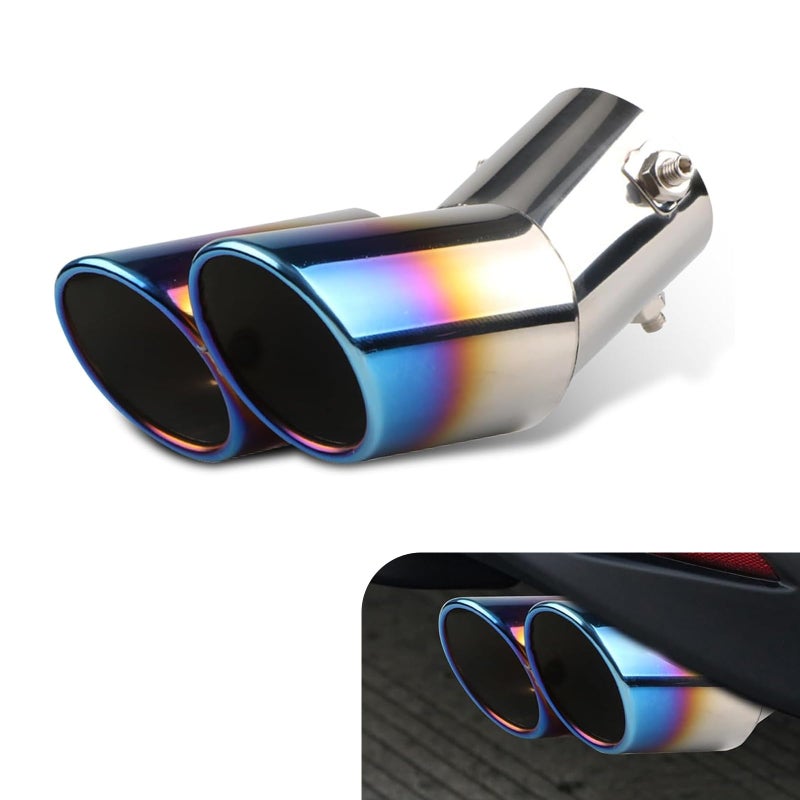 Arwrilt Dual Exhaust Tip, Stainless Steel Bending Muffler Exhaust with Bolt, 2.5" Inlet Dual Tail Pipe Muffler Tip, Exhaust Pipe Modification Accessories, Universal Muffler Tail for Cars (Baked Blue) - Image 1