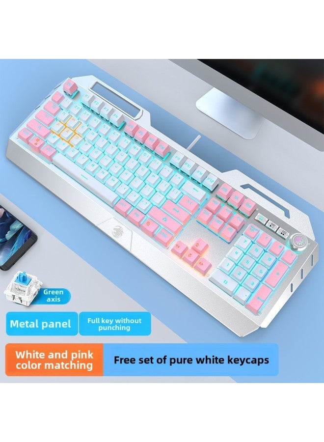 Forerunner TK900 Mechanical Keyboard Wired Mouse Suit Game Computer Electronic Competition Green Axis Wireless Keyboard Mouse Special-Color:White Pink [Blue Green Shaft] Multi-function Knob-full Key Without Impact - Image 1
