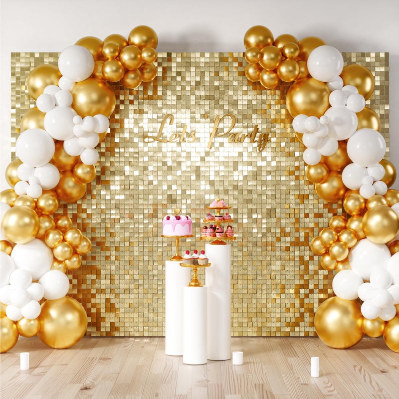 COKAOBE Light Gold Shimmer Wall Backdrop, 48PCS Square Sequin Shimmer Backdrop Panel, Photo Backdrops for Birthday, Anniversary, Wedding, Graduation & Bachelorette Party Decoration - Image 1