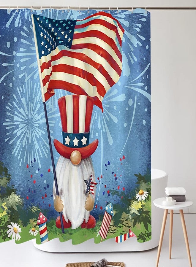 Tititex 4th of July Independence Day Shower Curtain Sets, Patriotic Gnome Waving USA Flag Bathroom Decoration 71x71 Inch with Hooks - Image 2