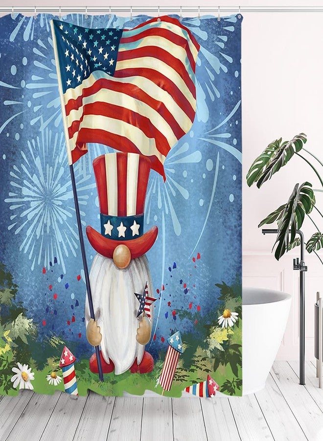 Tititex 4th of July Independence Day Shower Curtain Sets, Patriotic Gnome Waving USA Flag Bathroom Decoration 71x71 Inch with Hooks - Image 1