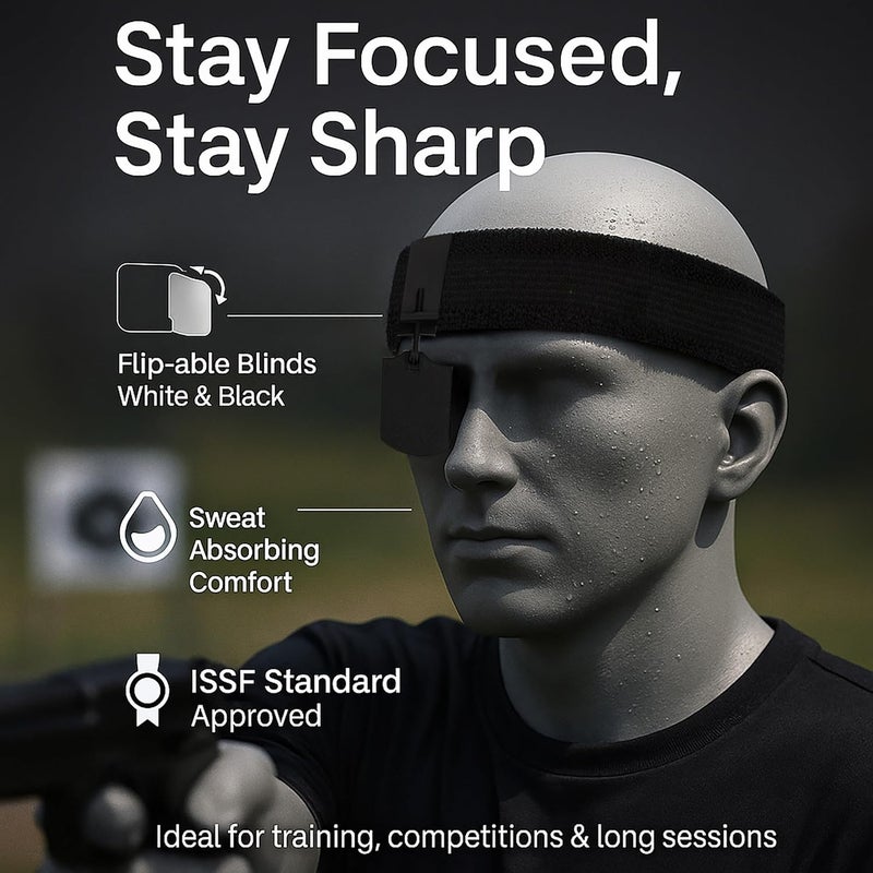 PARDINI Sweat Absorbing Headband Eye Blinder with Flip-able Blinds (White & Black) – ISSF Standard, Non-Reflective Matte Finish, Clip-On Design, Plastic Case – Pack of 1 - Image 3