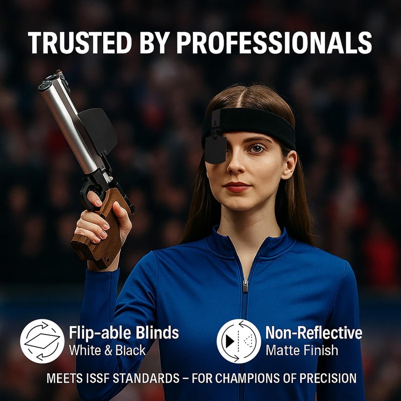 PARDINI Sweat Absorbing Headband Eye Blinder with Flip-able Blinds (White & Black) – ISSF Standard, Non-Reflective Matte Finish, Clip-On Design, Plastic Case – Pack of 1 - Image 2