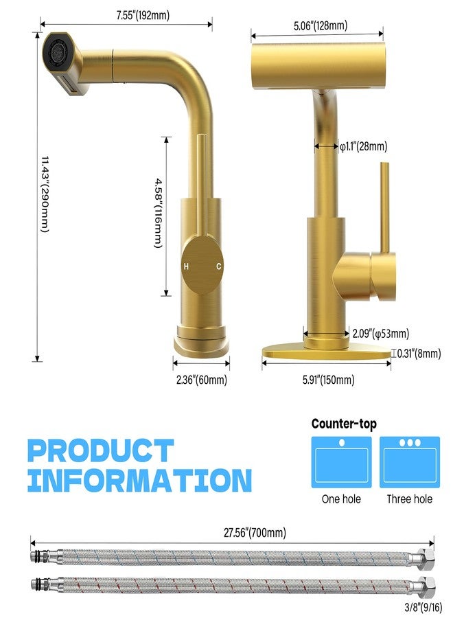 FROPO Gold Bathroom Faucet with Sprayer - Brushed Gold Bathroom Faucets for Sink 1 Hole or 3 Holes, 4 Mode Single Handle Vanity Faucet Waterfall Bathroom Faucet with Pull Down Sprayer (No Drain) - Image 5