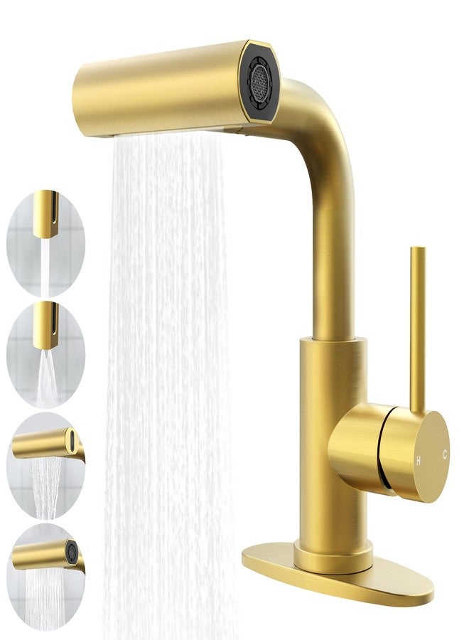 FROPO Gold Bathroom Faucet with Sprayer - Brushed Gold Bathroom Faucets for Sink 1 Hole or 3 Holes, 4 Mode Single Handle Vanity Faucet Waterfall Bathroom Faucet with Pull Down Sprayer (No Drain) - Image 1