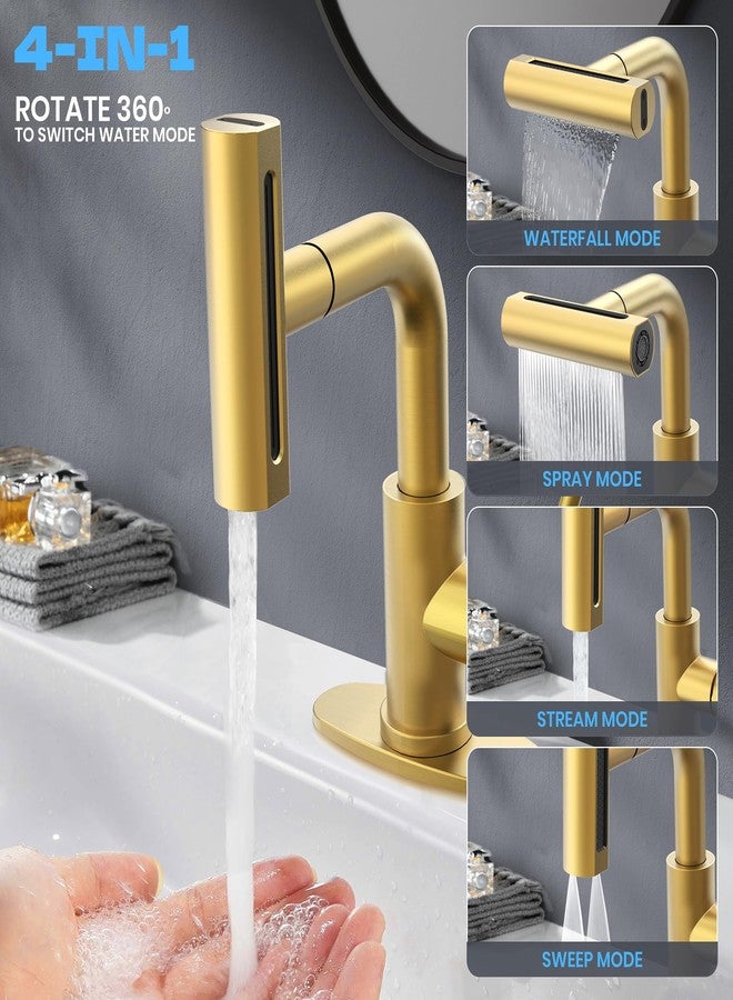 FROPO Gold Bathroom Faucet with Sprayer - Brushed Gold Bathroom Faucets for Sink 1 Hole or 3 Holes, 4 Mode Single Handle Vanity Faucet Waterfall Bathroom Faucet with Pull Down Sprayer (No Drain) - Image 3