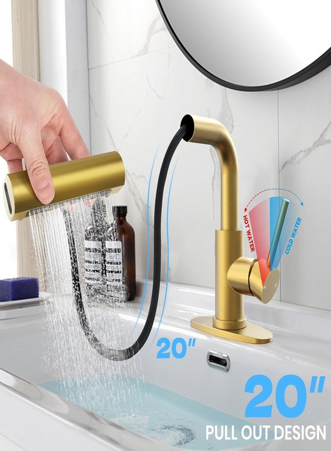 FROPO Gold Bathroom Faucet with Sprayer - Brushed Gold Bathroom Faucets for Sink 1 Hole or 3 Holes, 4 Mode Single Handle Vanity Faucet Waterfall Bathroom Faucet with Pull Down Sprayer (No Drain) - Image 4