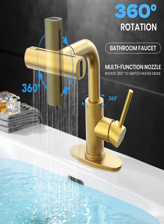 FROPO Gold Bathroom Faucet with Sprayer - Brushed Gold Bathroom Faucets for Sink 1 Hole or 3 Holes, 4 Mode Single Handle Vanity Faucet Waterfall Bathroom Faucet with Pull Down Sprayer (No Drain) - Image 2