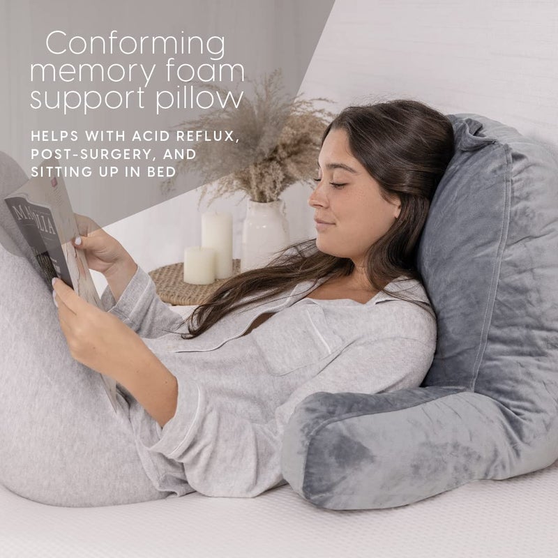 Milliard Reading Pillow with Arms, Grey, Shredded Memory Foam Back Pillow for Bed Sitting Up - Sit Up Backrest Support for Reading & Rest Bed - Washable Cover, Adjustable Comfort, CertiPUR Certified - Image 3