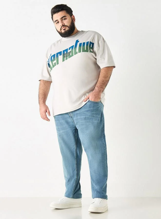 Splash FAV Plus Size Typographic Print Crew Neck T-shirt with Short Sleeves