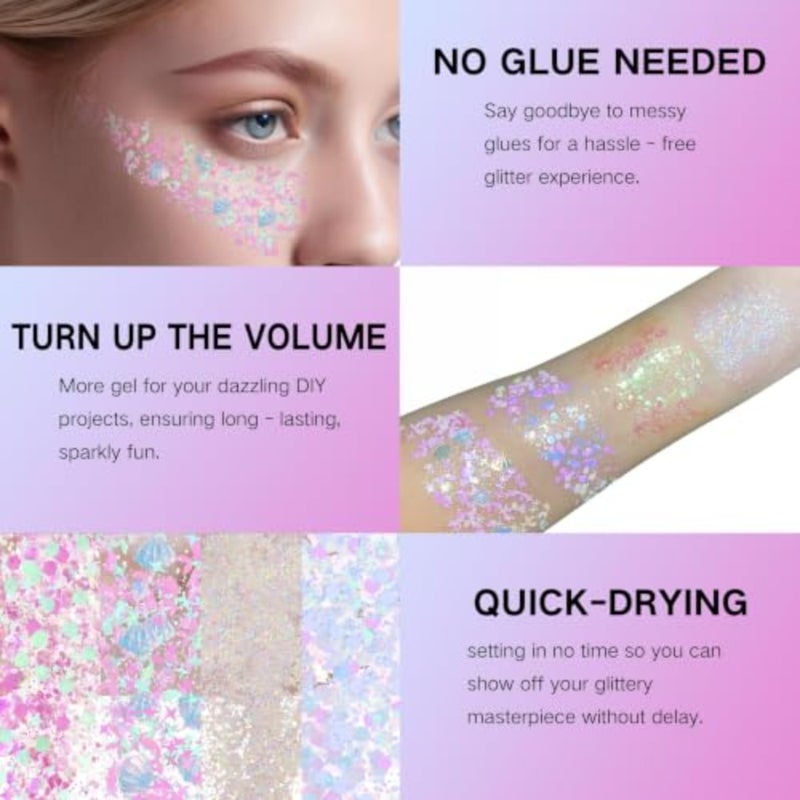 2 PCS Face Glitter Gel Multicolor Body Sparkle Cream for and Adults Shimmer Hair Paste Cosmetic Sequins for Rave Festival Outfits and Cosplay Makeup Accessories 40g - Image 3