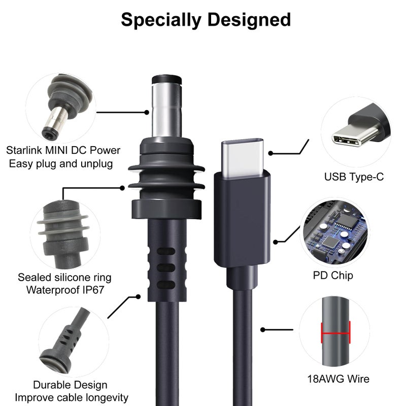 Nedul Starlink Mini USB C to DC Power Cable, 6.5ft Starlink Mini Type-C to Power Cable, PD 20V Type-C Input to DC Male Output Waterproof, Compatible with 65W+ PD 20V Protocol Power Supply/Source (2M) - Image 3