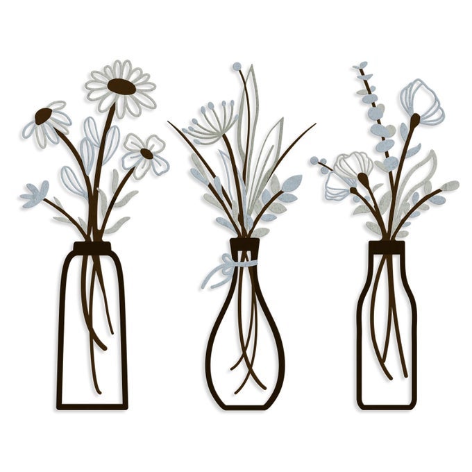 3 PIECES METAL VASE FLOWERS WALL ARTS RUSTIC FARMHOUSE STYLE DCOR METAL WALL ART BLACK MINIMALIST FLOWER NATURAL THEMED WALL DECORS FOR HOME BEDROOM DINING ROOM HOUSEWARMING BROWNBLUE VASEC