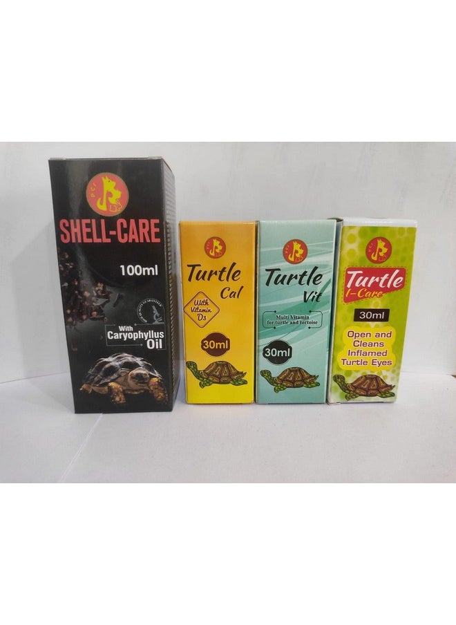 PET Pack Of 4 Shell-Care With Caryophyllus Oil 100Ml, Turtle Cal Vitamin D3 30Ml, Turtle Vit, 30Ml, Turtle 1 Care30Ml, Open And Clean Inflamed, Multi-Vitamin For Turtle And Tortoise 