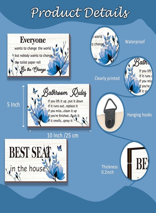 DONFENTHY 3 Pieces Blue Bathroom Decor Bathroom Rules Wall Art Blue Flower Bathroom Rules Signs Best Seat in The House Rustic Farmhouse Wooden Sign for Bathroom Toilet Wall Decor (Blue 10x5 Inch) - Image 4