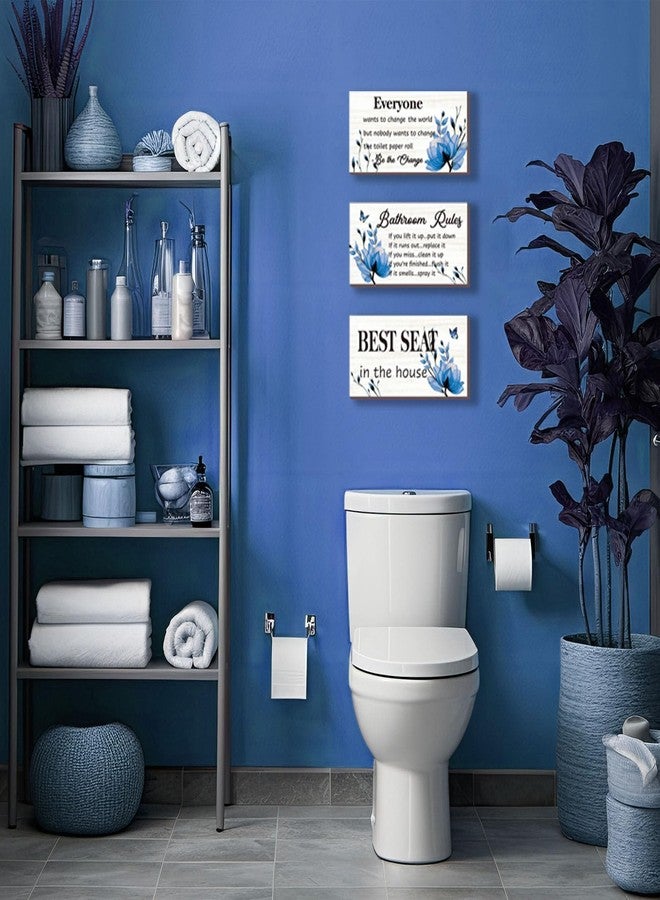 DONFENTHY 3 Pieces Blue Bathroom Decor Bathroom Rules Wall Art Blue Flower Bathroom Rules Signs Best Seat in The House Rustic Farmhouse Wooden Sign for Bathroom Toilet Wall Decor (Blue 10x5 Inch) - Image 2