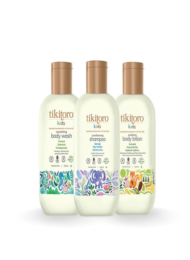 Tikitoro Kids Starter Pack 100% Vegan with Nourishing Body Wash, Soothing Body Lotion & Conditioning Shampoo, No Parabens & Sulphates (Age: 4+) (75 ml x 3) - Image 1
