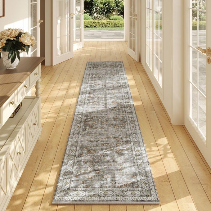 RUNNERS FOR HALLWAYS KITCHEN RUNNER RUG NON SLIP 2X10 LONG WASHABLE RUGS WITH RUBBER BACKING SOFT VINTAGE CARPET RUNNER FOR HALLWAYS KITCHEN LAUNDRY BEDROOM BATHROOM GREY AND BROWN