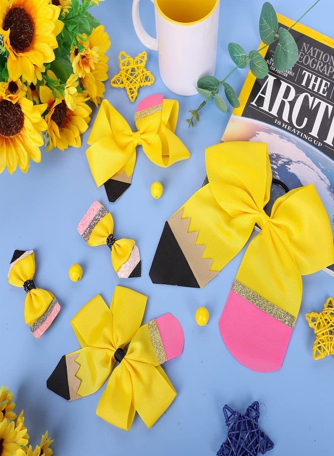 وولاين مجموعة والين المكونة من 5 قطع من مشابك الشعر الصفراء على شكل فيونكة، مثالية للعودة إلى المدرسة، مع شريط كبير من قماش غروغرين، وربطات شعر أنيقة، مناسبة للطالبات وفرق التشجيع في أول يوم دراسي. - Image 4