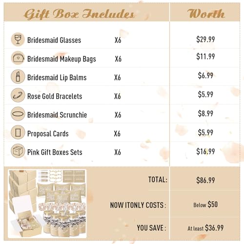 FillTouch 54 Pcs Bridesmaid Proposal Gifts Will You Be My Bridesmaid Maid of Honor Bride Gifts Include Gift Box Makeup Bag Invited Card Glass Cup Lip Balm Scrunchie Knotted BraceletBeige - Image 3
