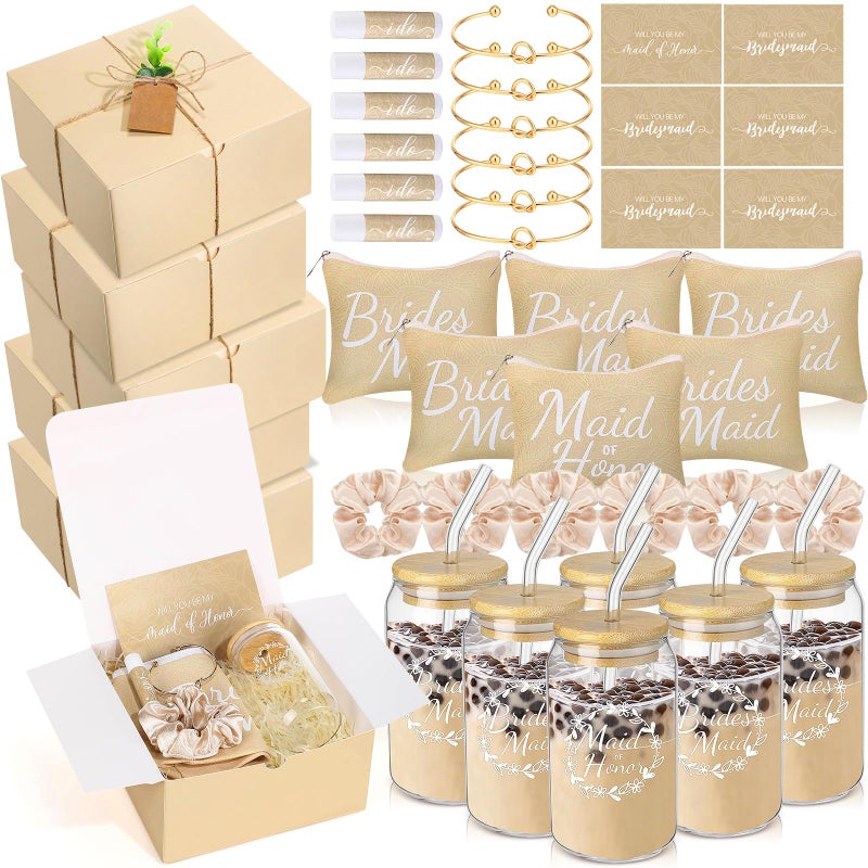 FillTouch 54 Pcs Bridesmaid Proposal Gifts Will You Be My Bridesmaid Maid of Honor Bride Gifts Include Gift Box Makeup Bag Invited Card Glass Cup Lip Balm Scrunchie Knotted BraceletBeige - Image 2