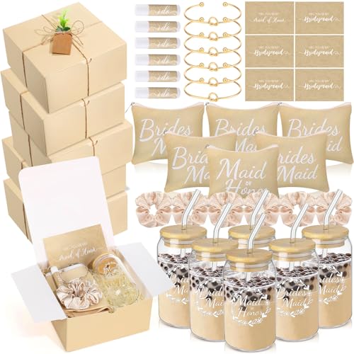 FillTouch 54 Pcs Bridesmaid Proposal Gifts Will You Be My Bridesmaid Maid of Honor Bride Gifts Include Gift Box Makeup Bag Invited Card Glass Cup Lip Balm Scrunchie Knotted BraceletBeige - Image 1