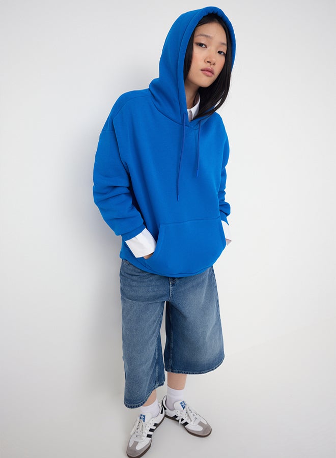 trendyol Fleece Saxe Color Oversize Hooded Knitted Sweatshirt - Image 2