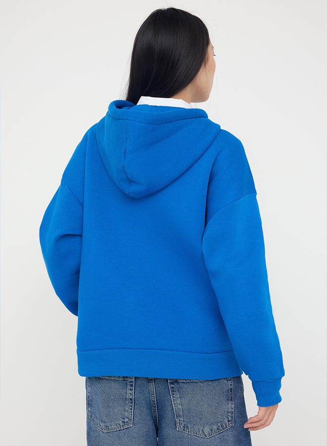 trendyol Fleece Saxe Color Oversize Hooded Knitted Sweatshirt - Image 4