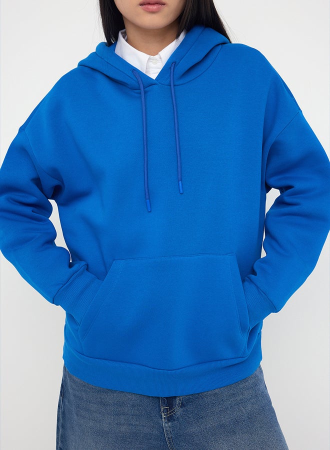 trendyol Fleece Saxe Color Oversize Hooded Knitted Sweatshirt - Image 3