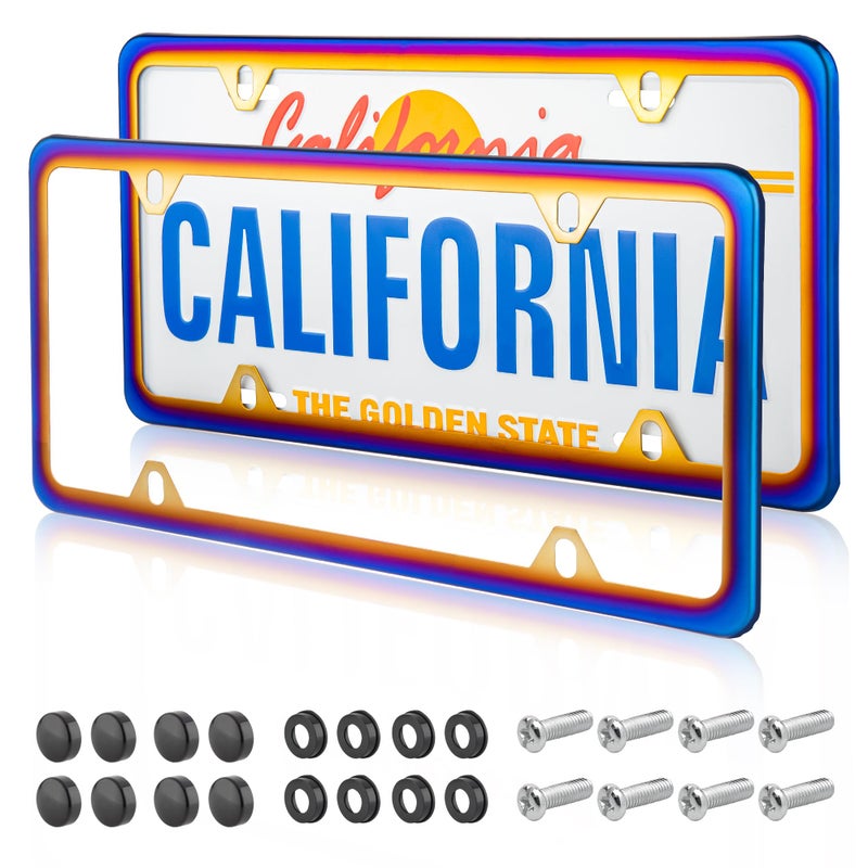 RED WOLF 2Pcs Iridescent Chrome License Plate Frame, Mirror Polish Chameleon Blue License Plate Tag Stainless Steel Bracket Holder Mount on Front Rear Bumper w/Screw Cover Accessories - Image 1