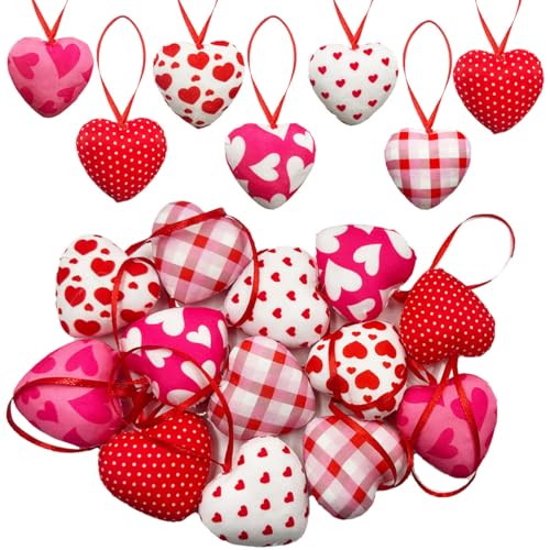 Suartus Valentines Hearts Ornaments,12PCS Fabric Heart Hanging Ornaments,Red Pink Hearts Shape Baubles Bulk for Valentines Tree Wedding Anniversary Party DIY Crafts Decorations 1.8 inch - Image 1