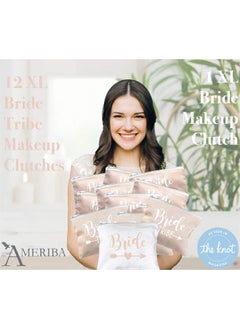 AMERIBA 12 Pack Set + 1 Bride Bag | AMERIBA Premium Natural Cotton Canvas Makeup Bag- Bridesmaids Gifts for The Bachelorette Party or Bridal Shower (White & Soft Peach) 