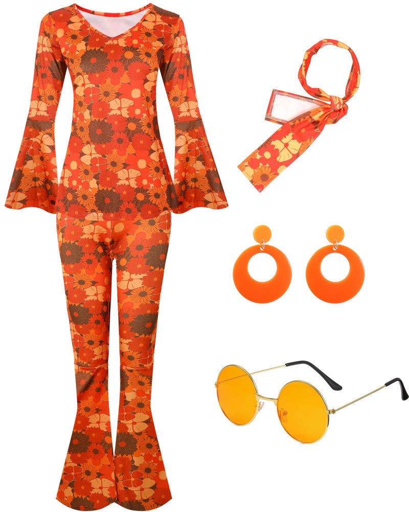 Leumoi 6 Pcs 60s 70s Disco Outfit Women Hippie Costume Accessories Flared Pants Headband Earrings Sunglass(Floral, XX-Large) - Image 2