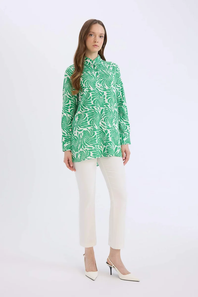 ديفاكتو Relax Fit Viscose Shirt Collar Printed Long Sleeve Tunic
